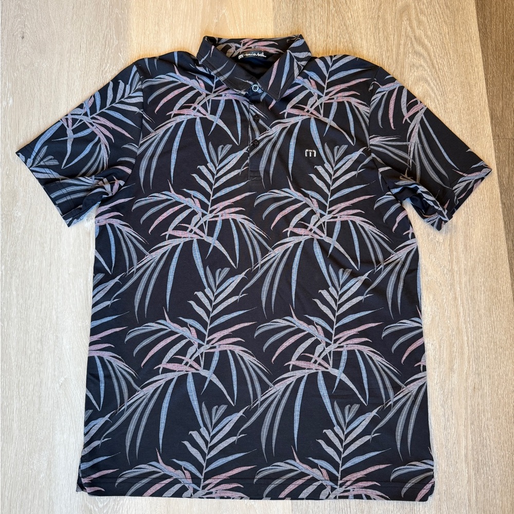 Travis Mathew Black and Gray Leaf Print Polo